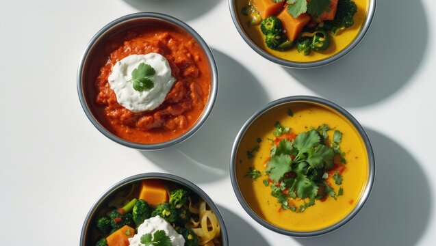 Vegan or vegetarian restaurant dishes, hot and spicy creamy Indian soups and salads served in copper bowls. Traditional Indian cuisine meal selection isolated on a white background