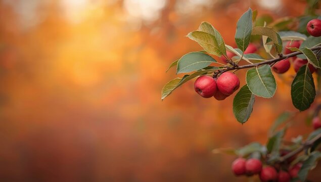 Red Berries Growing on a Branch with Autumn Leaves in Soft Focus Background
