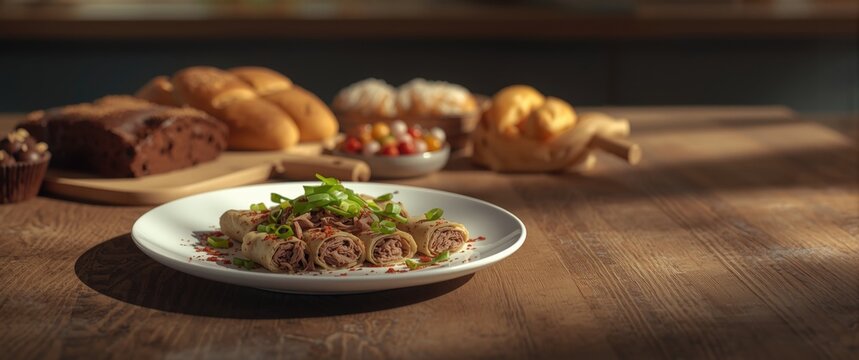 Delicious Plated Dish with Fresh Ingredients on a Wooden Table in Soft Lighting