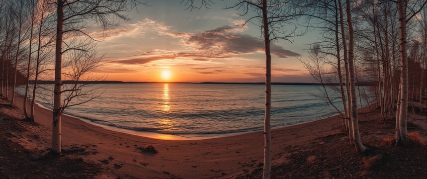 Sunset Over Calm Lake with Silhouetted Trees on Sandy Beach