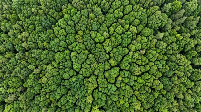 Aerial View of Lush Green Forest Canopy with Natural Crown Shyness Pattern in Dense Woodland
