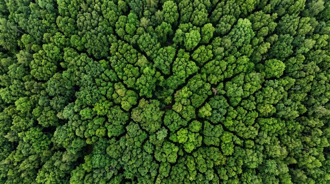 Aerial view of a dense green forest canopy with lush trees from above