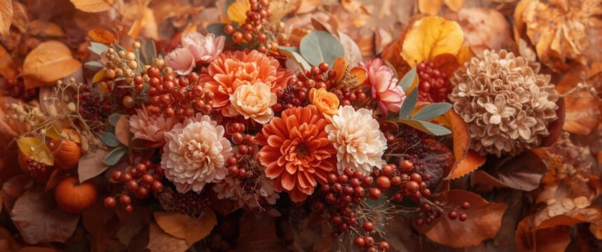 Autumn Floral Arrangement with Orange and White Flowers on Fallen Leaves