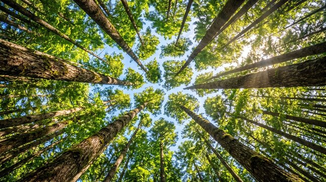 Low Angle View of Tall Forest Trees Reaching Up to the Blue Sky with Sunlight Filtering Through Green Leaves