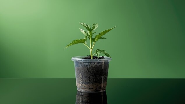 Young cantaloupe plant in plastic cup with fertile soil placed against a soothing green background reflecting new gardening life