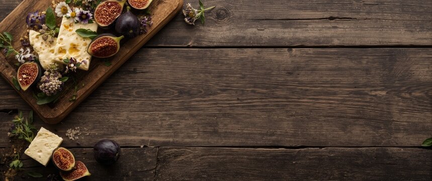 Cheese Platter with Figs and Flowers on Rustic Wooden Table