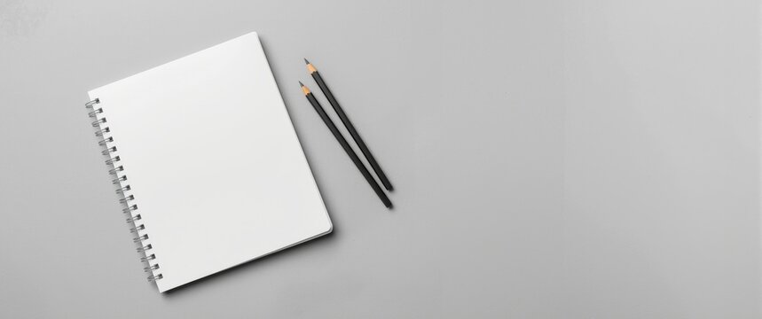 Blank Sketchbook and Two Pencils on Grey Table Surface