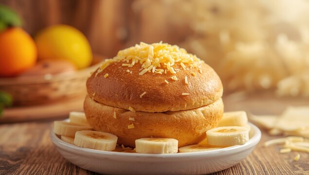 Cheese Topped Bread Roll on a Plate with Sliced Bananas and Fruits in Background