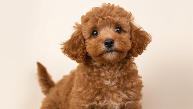 Curly-Furred Puppy Looking Up - Soft Background, Warm Lighting, Close-Up Shot
