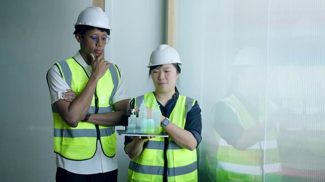 Diverse engineers analyzing 3D city blueprint hologram on tablet for smart architecture project.