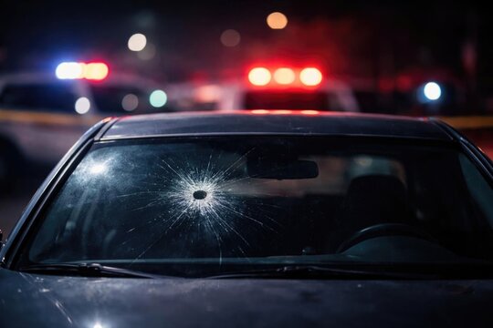 Smashed Car Windshield with Bullet Hole at Night with Police Lights in Background