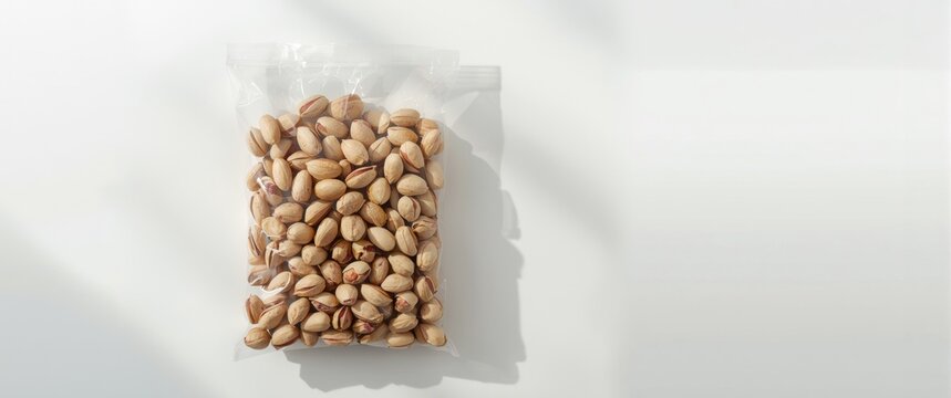 Transparent Bag of Unshelled Pistachios on a White Surface with Soft Shadows