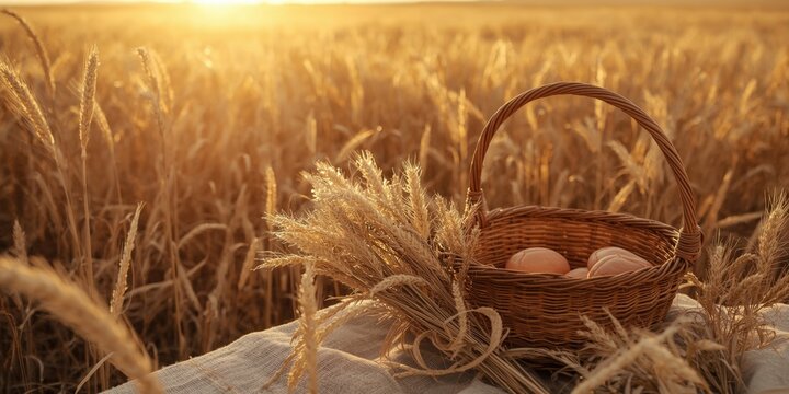Wicker Basket with Eggs in Wheat Field - Golden Sunset, Rustic Warm Lighting
