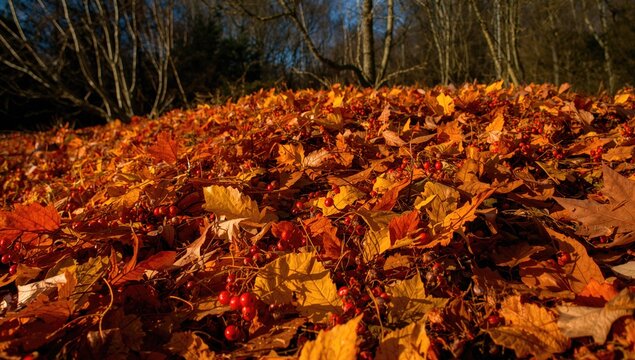 Colorful Autumn Leaves with Red Berries on the Ground in a Sunlit Forest