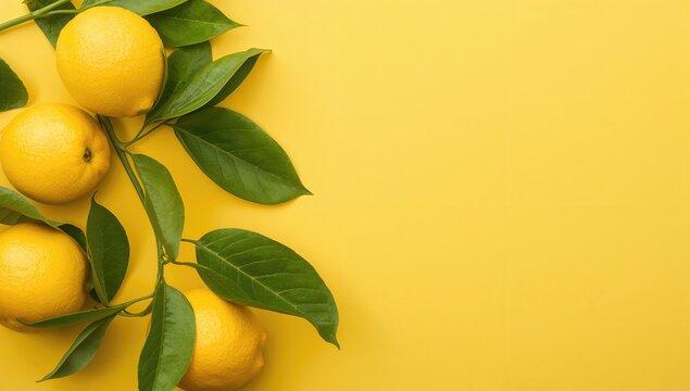 Fresh Lemons with Green Leaves on Yellow Background - Close-Up, Vibrant, Negative Space