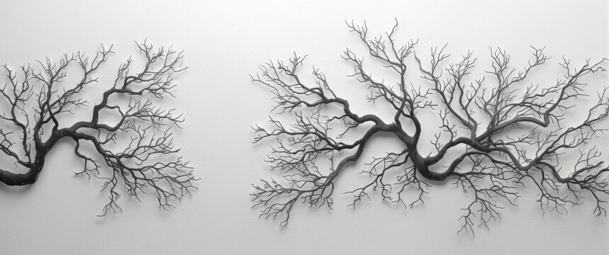 Elegant Branches Decoratively Arranged on a White Wall in Monochrome Style