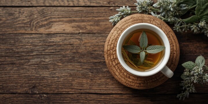 Cup of Herbal Tea with Mint Leaves on a Wooden Table Surface