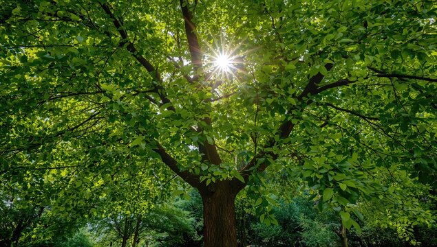 Sunlight Shining Through Green Leaves of a Mature Tree in a Lush Park