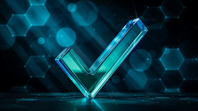 Glowing transparent checkmark symbol on futuristic digital technology background