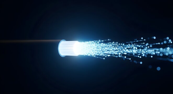 Fiber optic cable emitting glowing blue light particles for high speed data transmission in dark digital space