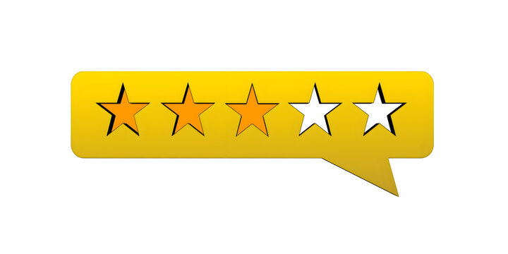 Three star rating out of five in a yellow speech bubble isolated on white background