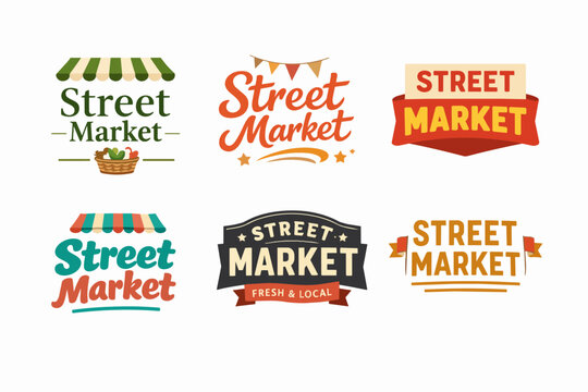 Street market logo collection, offering a variety of fresh local food banners and labels for retail businesses