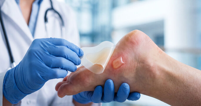 Healthcare professional applies a hydrocolloid dressing to a friction blister on the heel during a professional foot treatment. Close-up medical care for painful shoe blister prevention and healing.