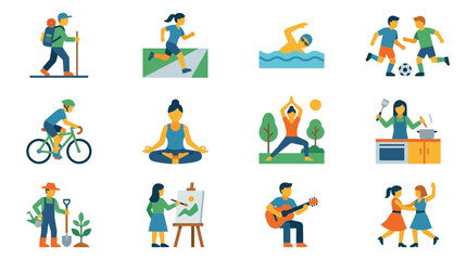People engage in various leisure activities outdoors and indoors with hobbies and sports equipment © smoke