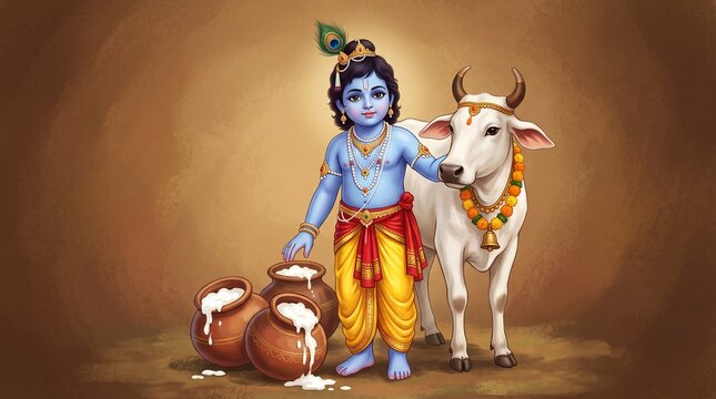 Krishna, wearing a yellow dhoti and orange shirt, holding a flute, standing next to a white cow with a golden bell around its neck, against a plain brown