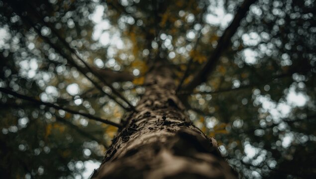 Tall Tree Viewed from Below with Blurry Green Leaves in Autumn Light