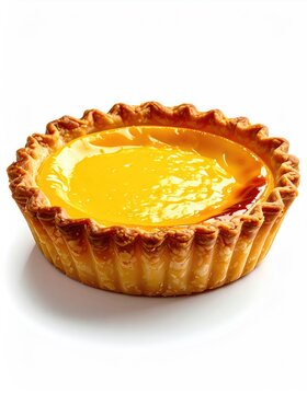 Golden custard filling in a flaky, fluted pastry shell on white
