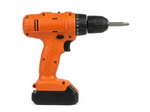 Modern orange cordless power drill tool for construction and home repair projects isolated on a clean transparent background isolated on white background