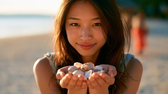 両手にたくさんの貝殻を乗せて微笑む日本人女性