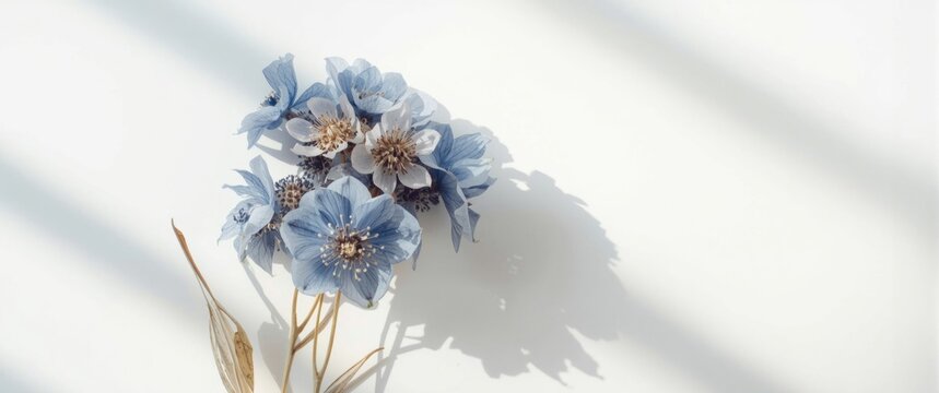 Delicate Blue Paper Flowers Arranged on a White Surface with Soft Shadows