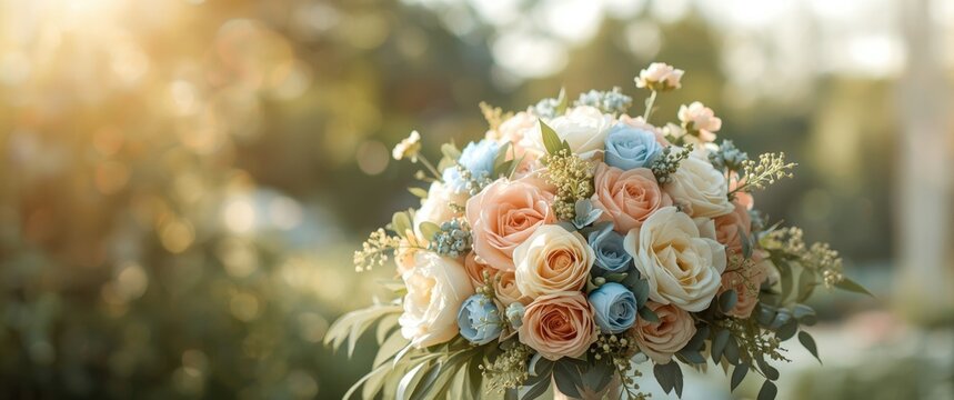 Pastel Bouquet of Roses and Blue Flowers - Natural Setting, Soft Light, Close-Up