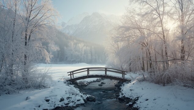 Snowy Mountain Landscape with Wooden Bridge - Serene Winter Scene, Soft Light