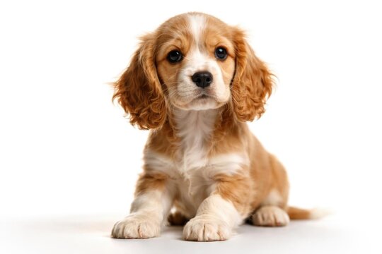 Cute Cocker Spaniel Puppy Sitting on White Background with Playful Expression