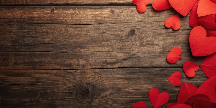Red Heart Shapes on Rustic Wooden Background in Warm Light