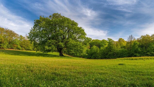 Majestic Oak Tree Standing Alone on a Lush Green Field Under a Blue Sky