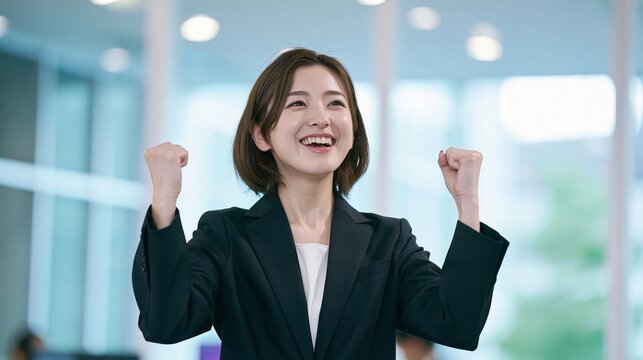 職場で成功を確信し満面の笑みを見せる日本人女性
