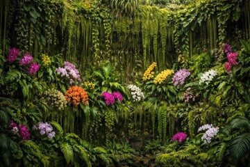 Fototapeta premium Vibrant Orchid Garden Wall with Lush Greenery and Cascading Vines