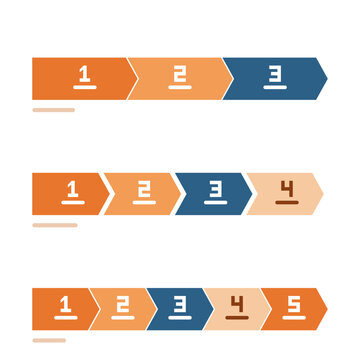 Geometric process arrow infographic collection, chevron process bands with 3, 4 and 5 numbered segments, warm orange color scheme