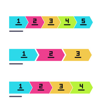 Marketing process arrow infographic set, chevron process bands with 5, 3 and 4 numbered segments, dark neon color scheme