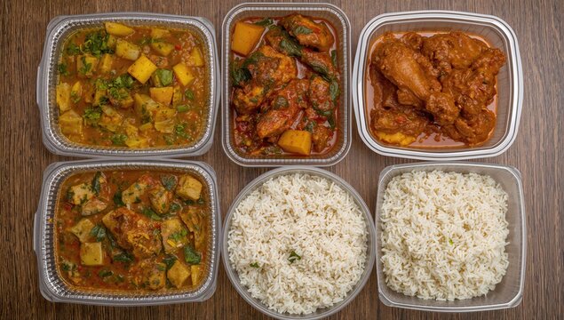 Homemade Indian Cuisine in Plastic Containers with Rice and Curries