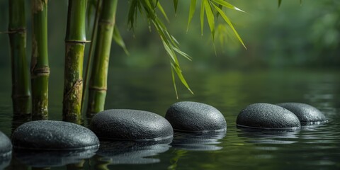Naklejka premium Black Stones Lined Up in a Tranquil Water Setting Surrounded by Bamboo Greenery