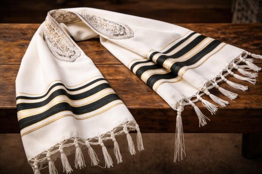 Elegant Tallit with Black and Gold Stripes - Laid on Wooden Table, Warm Lighting