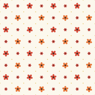 Ditsy checker bloom seamless pattern, bold red and orange on ivory