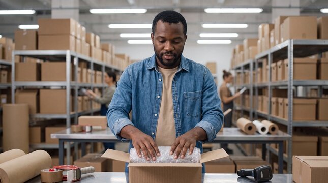 African American man packing a box with bubble wrap at a warehouse, shelves filled with cardboard boxes in the background