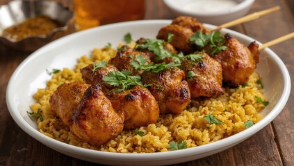 Fototapeta premium Grilled Chicken Skewers Served on Spiced Rice Garnished with Fresh Herbs