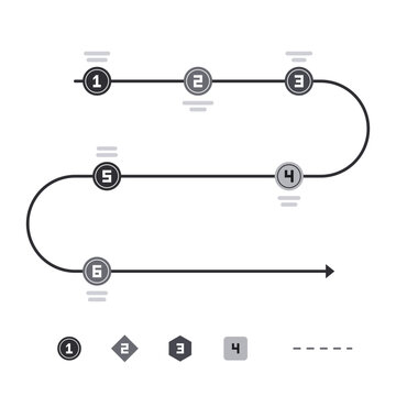 Geometric timeline infographic kit, serpentine roadmap path with 6 numbered milestone points, monochrome gray color scheme